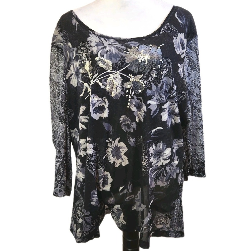 Coldwater Creek Womens Top Size 2X Black Semi Sheer Y2K Sequin Floral Whimsigoth